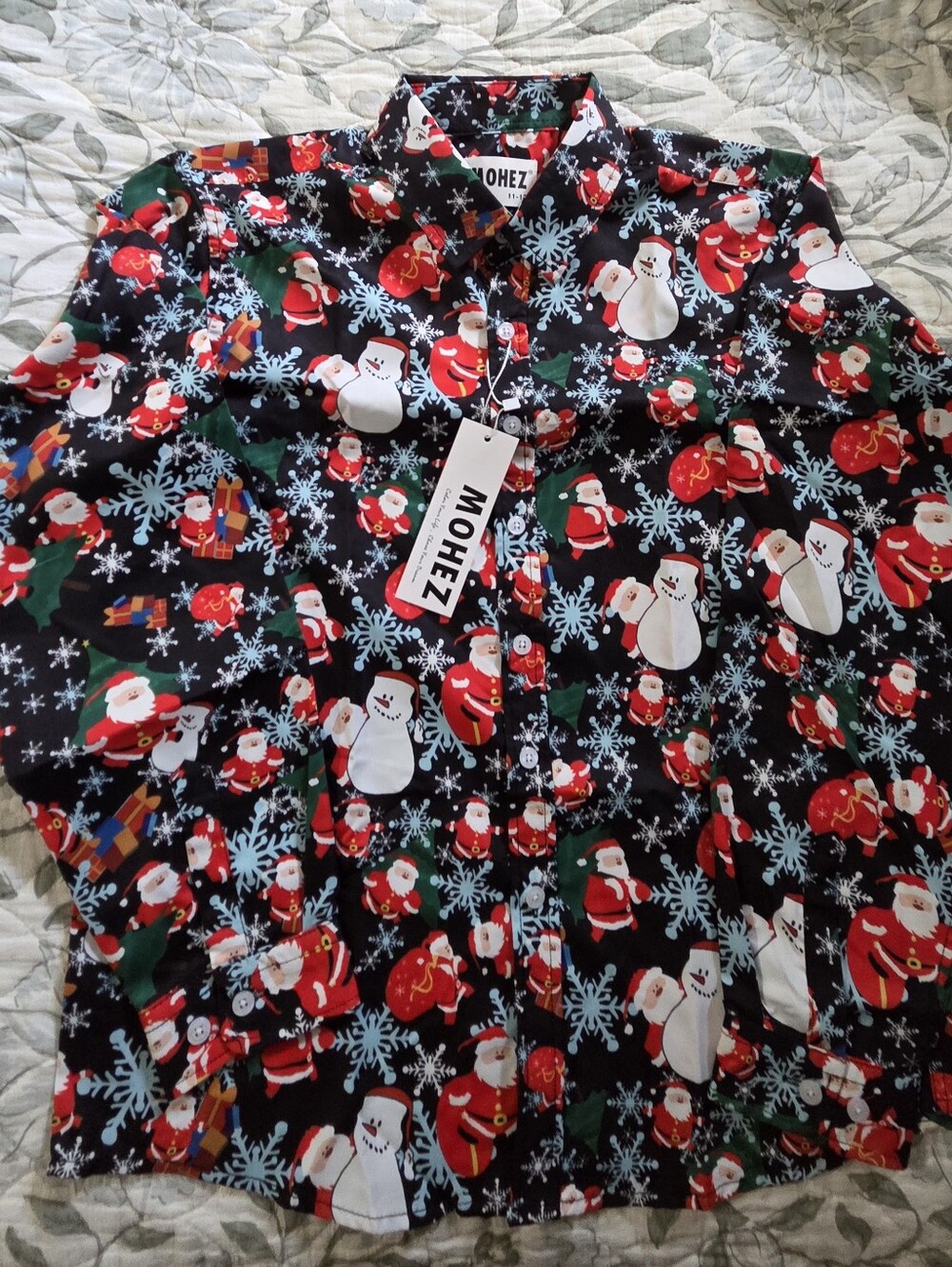 MOHEZ Black Christmas  Santa & Snowman Button-Up Long Sleeved Shirt Size 11-12 Y